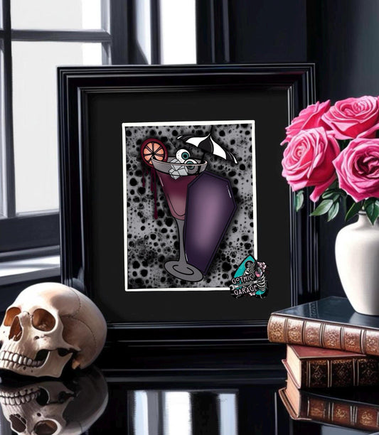 Gothic Martini Art Print - Eyeball Olives, Coffin Accent & Gothic Umbrella, 11x14 Matted, Hand-Drawn and Signed Artwork