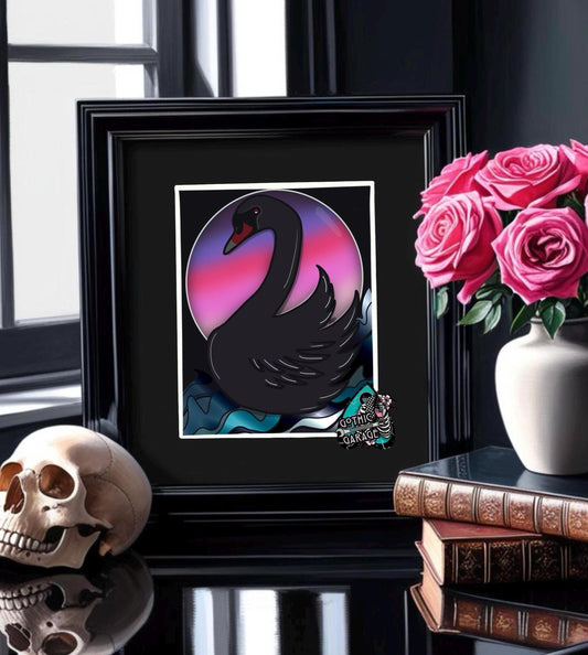 Dark Florida Pink Sunset Black Swan Art Print – 11x14 Matted, Elegant Gothic Ocean Scene, Hand-Drawn & Signed Artwork