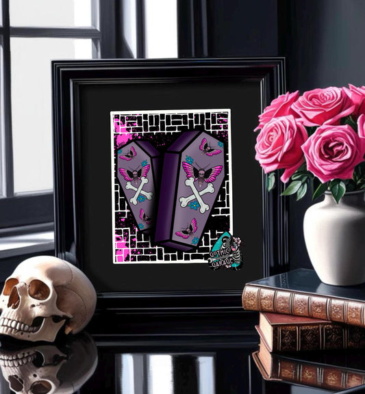 Gothic Deathhead Skull Moth Coffin Art Print – 11x14 Matted, Graffiti Brick Wall Design, Hand-Drawn & Signed Artwork