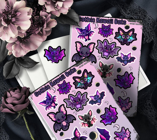 Gothic Kawaii Bats Sticker Sheets for Collecting and Scrapbooking - High-Quality, Vibrant Designs, Perfect Budget Friendly Gifts