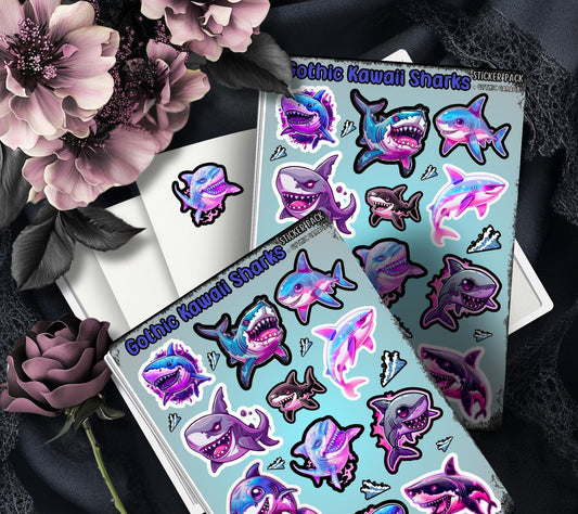 Gothic Kawaii Sharks Sticker Sheets for Collecting and Scrapbooking - High-Quality, Vibrant Designs, Perfect Budget Friendly Gifts