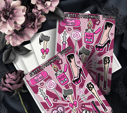 Gothic Sweet & Poisonous Sticker Sheet – Pretty in Pinky, Deadly in Action! - Perfect for Scrapbooking and Collecting