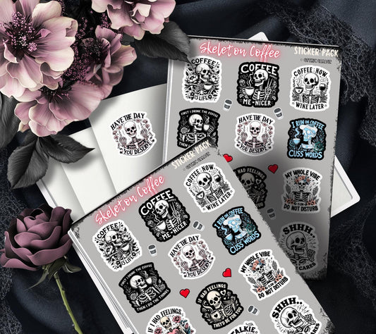 Coffee Expessions Skeleton Sticker Sheet, Sarcastic and Funny Adult Stickers, Perfect for Coffee Lovers