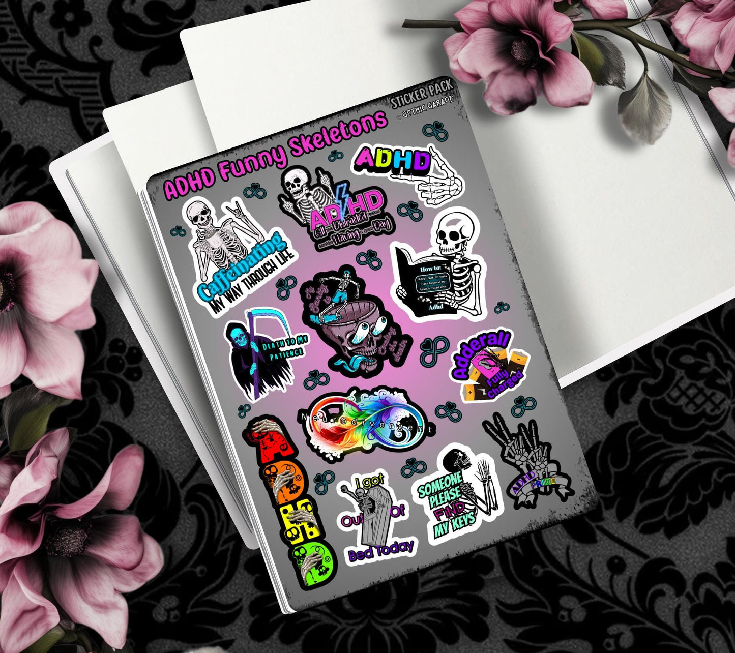 ADHD & Neurodivergent Funny Skeletons Sticker Sheet, Budget Friendly Gift for Friends, Collecting and Scrapbooking
