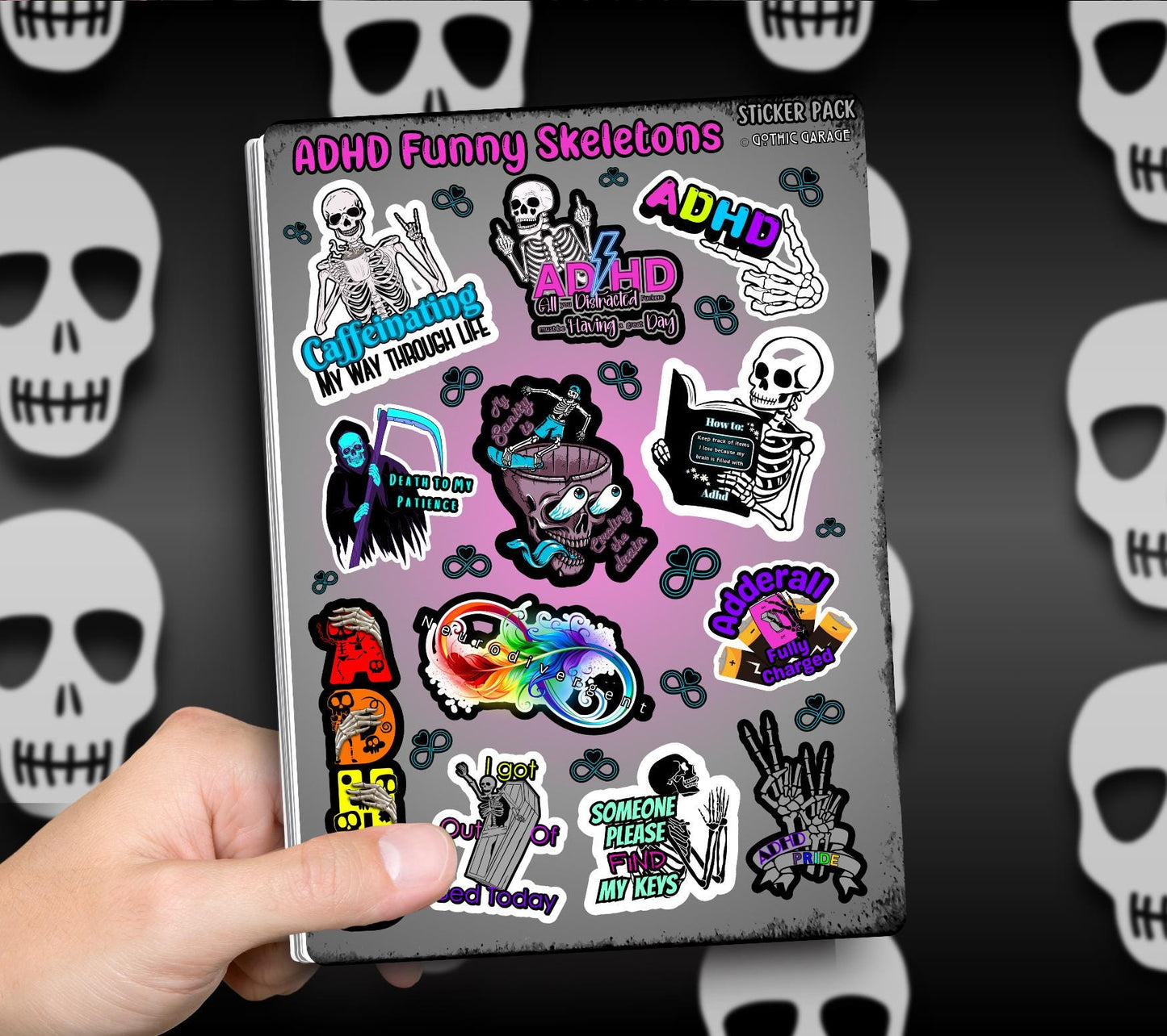 ADHD & Neurodivergent Funny Skeletons Sticker Sheet, Budget Friendly Gift for Friends, Collecting and Scrapbooking