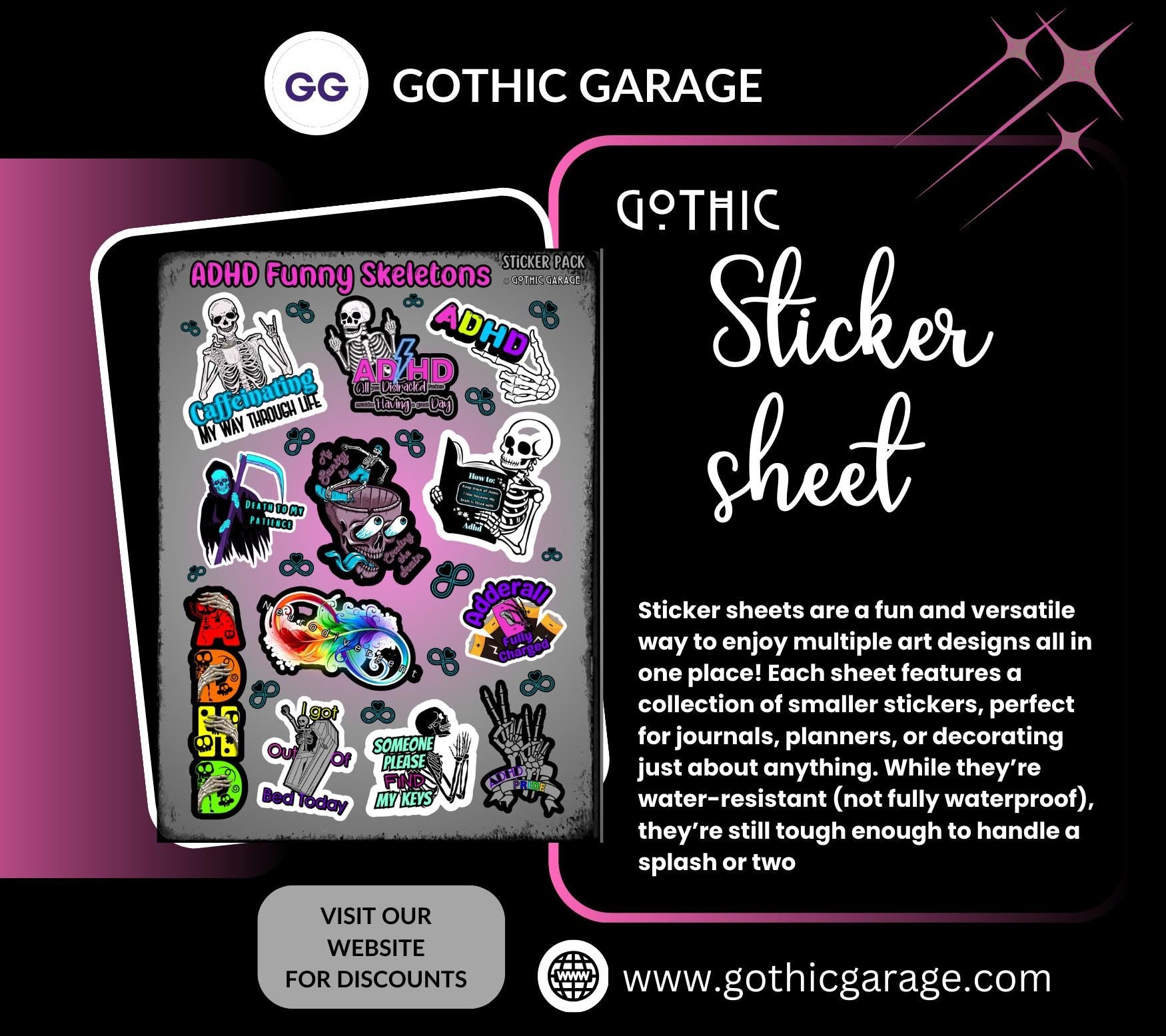 ADHD & Neurodivergent Funny Skeletons Sticker Sheet, Budget Friendly Gift for Friends, Collecting and Scrapbooking