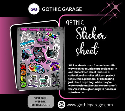 ADHD & Neurodivergent Funny Skeletons Sticker Sheet, Budget Friendly Gift for Friends, Collecting and Scrapbooking