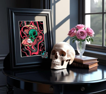 Gothic Sea Skull Art Print – Spider Skull in Shell with Tentacles & Pearls