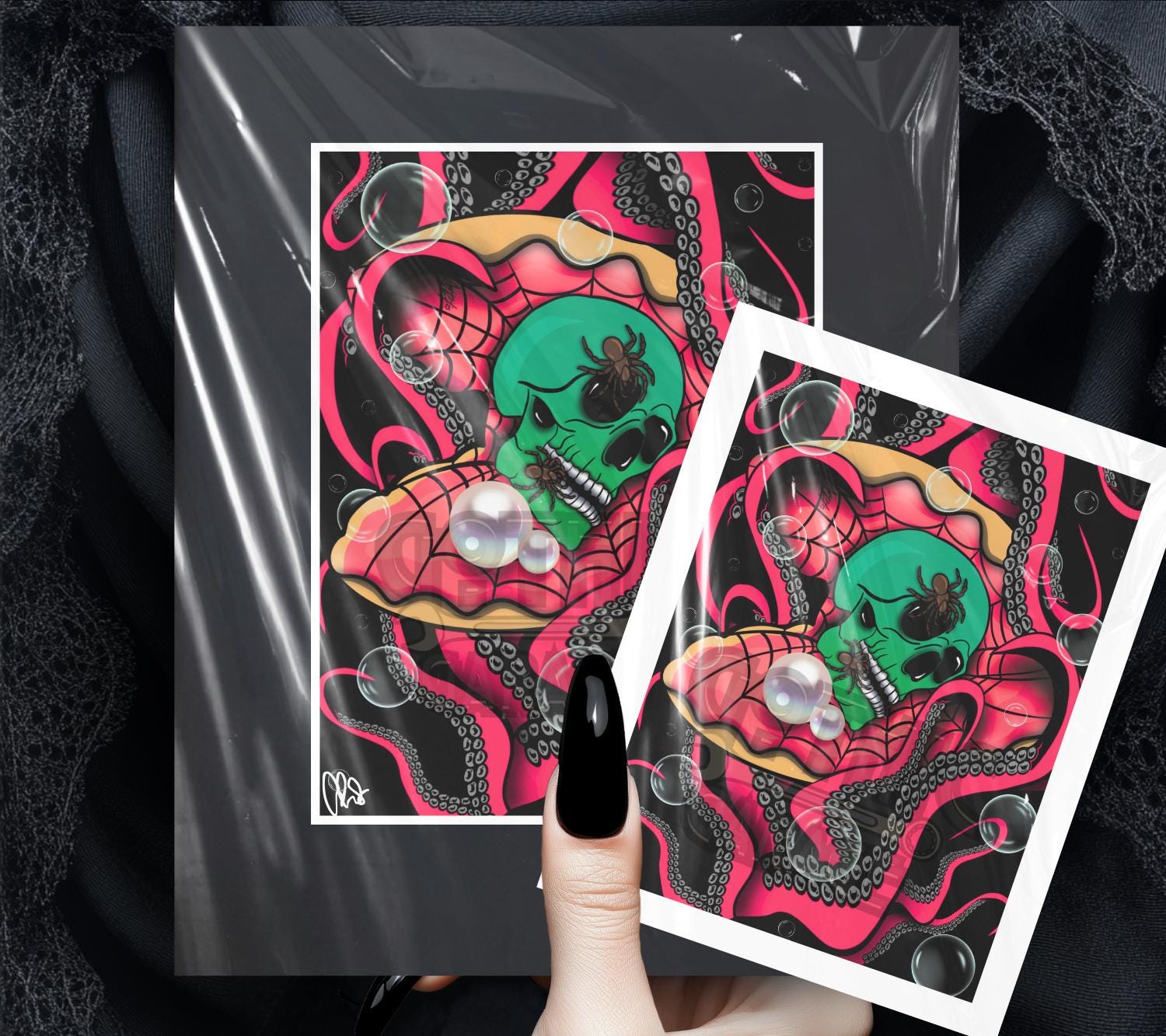 Gothic Sea Skull Art Print – Spider Skull in Shell with Tentacles & Pearls