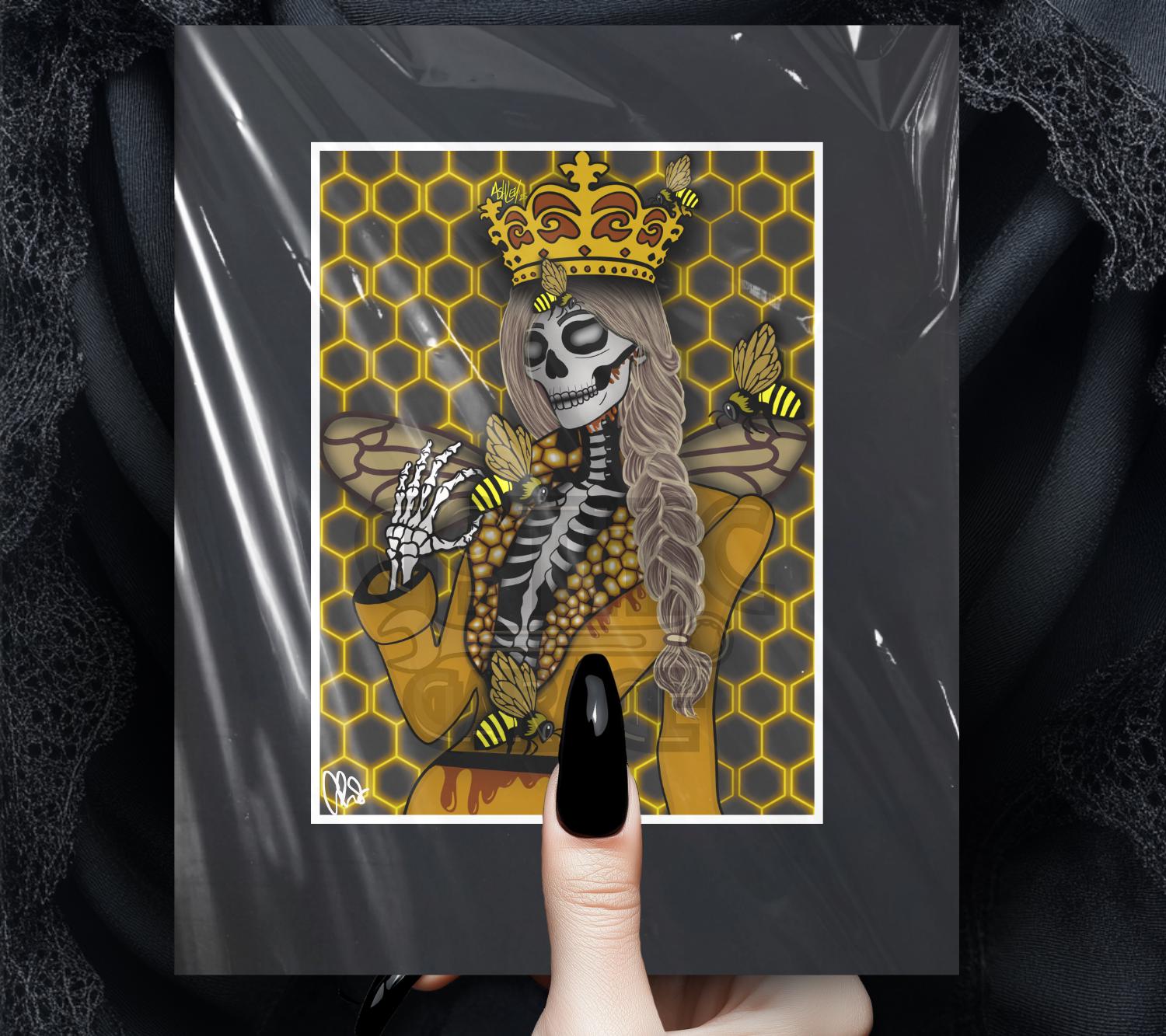 Gothic Queen Bee Skeleton Art Print – Honeycomb Crowned Undead Bee Goddess