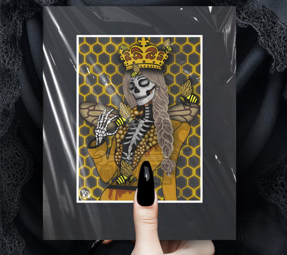 Gothic Queen Bee Skeleton Art Print – Honeycomb Crowned Undead Bee Goddess