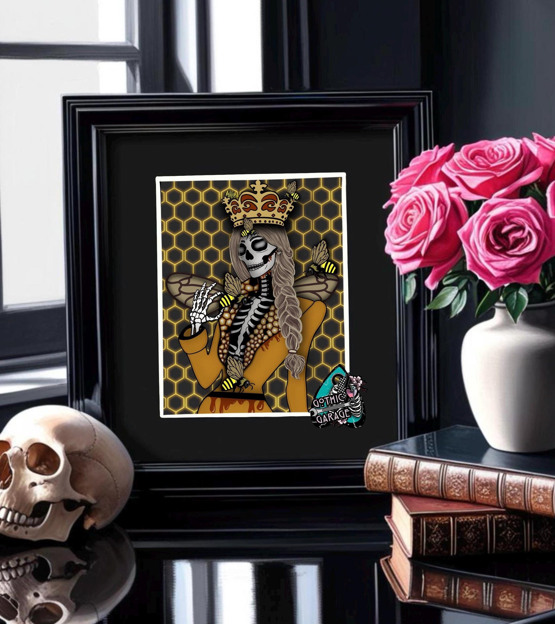 Gothic Queen Bee Skeleton Art Print – Honeycomb Crowned Undead Bee Goddess
