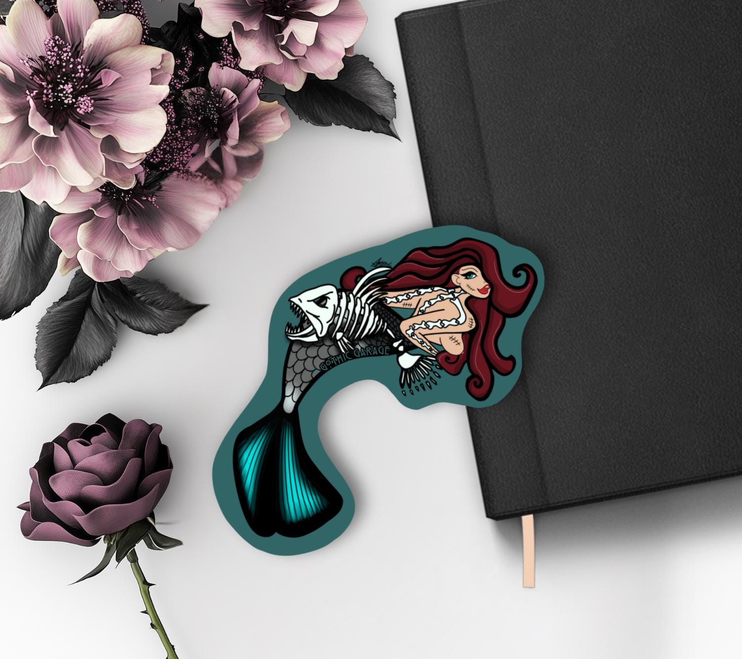 Gothic Nude Mermaid Die Cut Waterproof Sticker—Dive deep into haunting waters with this mesmerizing dark fantasy sticker!