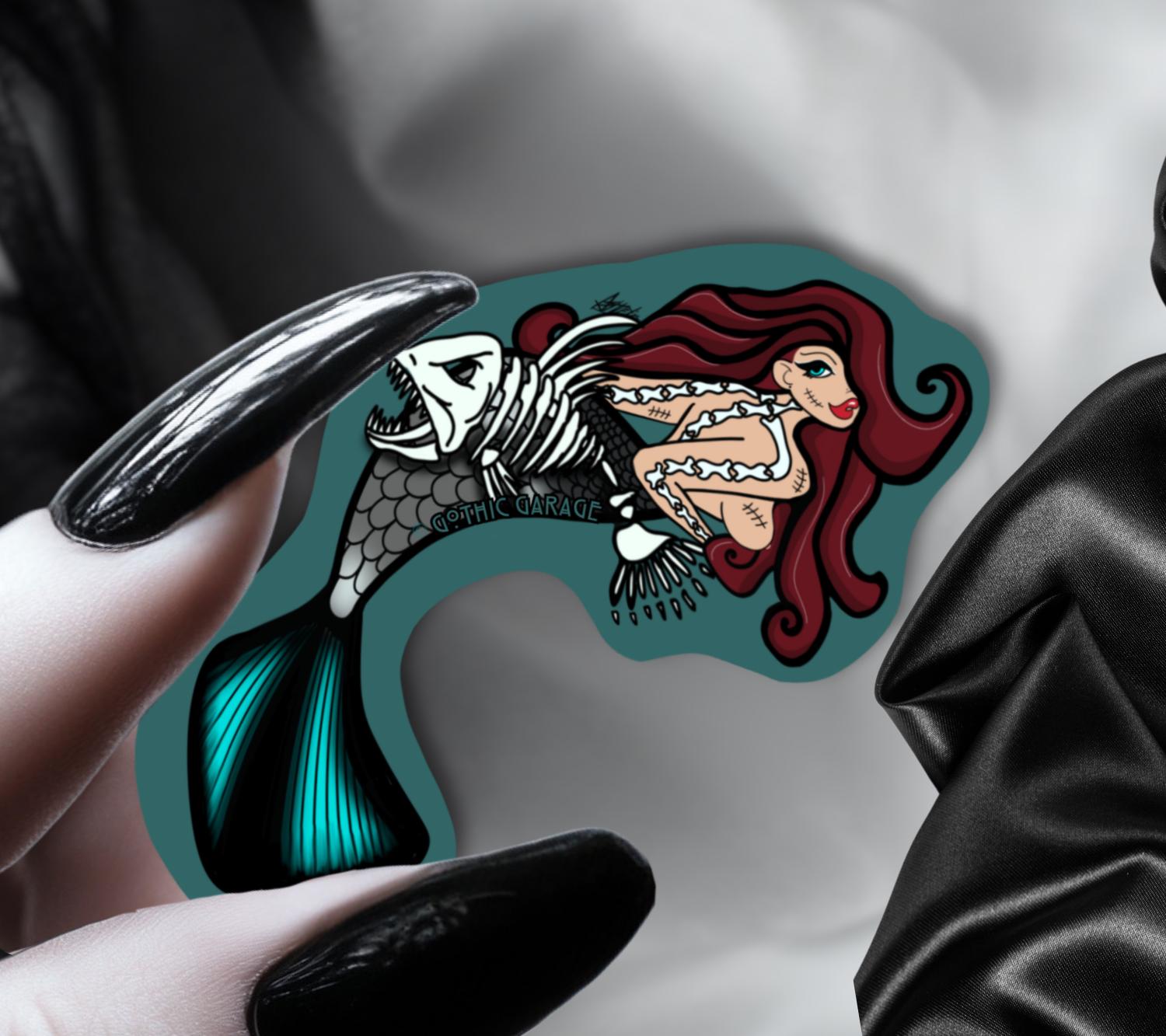 Gothic Nude Mermaid Die Cut Waterproof Sticker—Dive deep into haunting waters with this mesmerizing dark fantasy sticker!