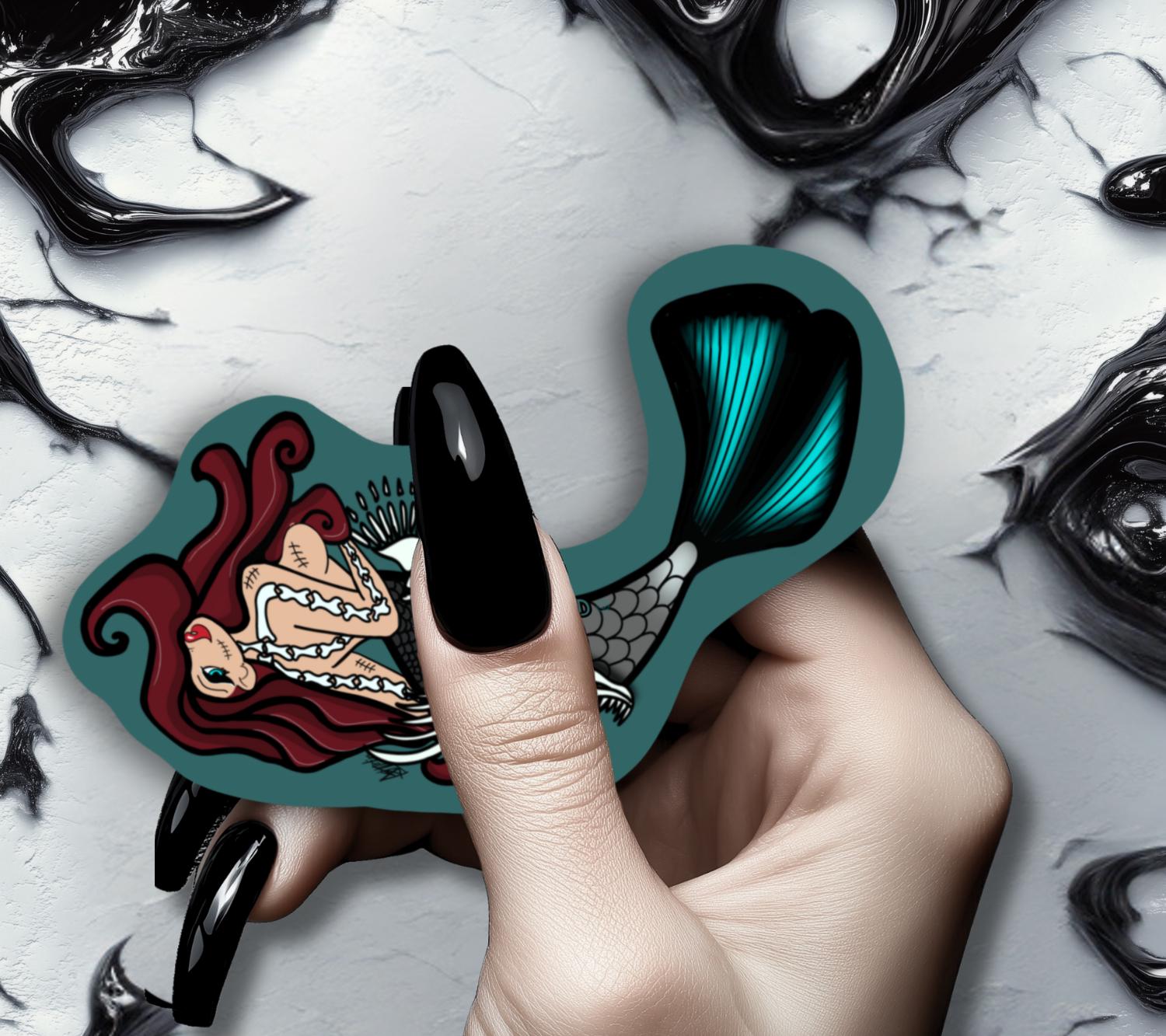 Gothic Nude Mermaid Die Cut Waterproof Sticker—Dive deep into haunting waters with this mesmerizing dark fantasy sticker!