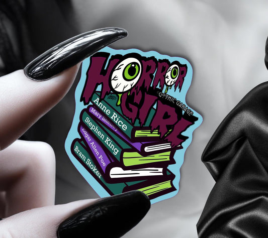Horror Girl Book Lover Die Cut Waterproof Sticker—Because spooky gals read classics and creep it real!