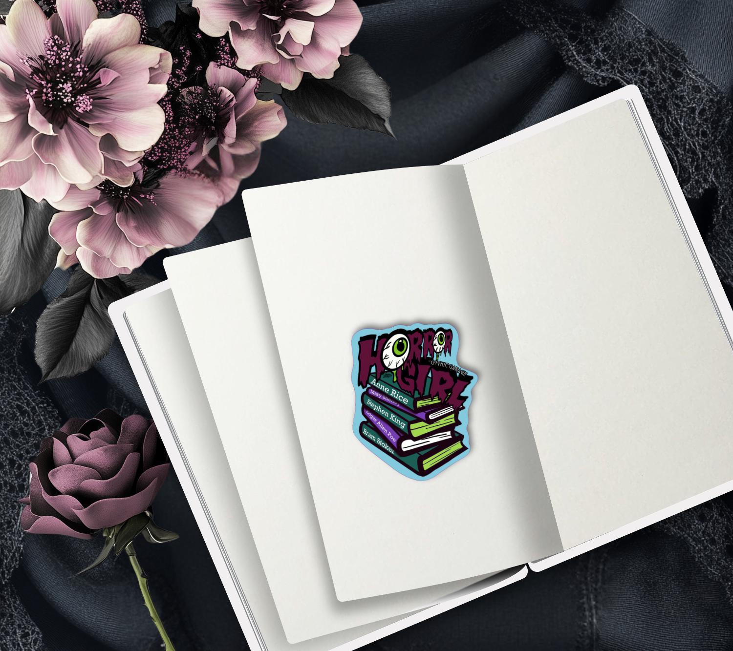 Horror Girl Book Lover Die Cut Waterproof Sticker—Because spooky gals read classics and creep it real!