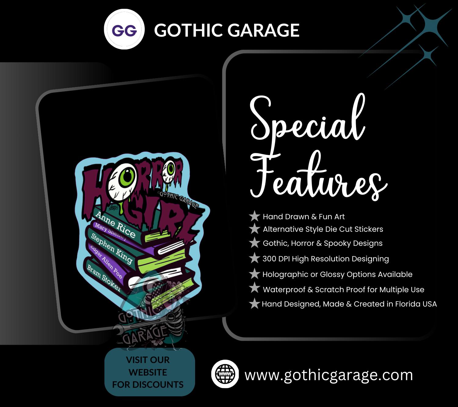 Horror Girl Book Lover Die Cut Waterproof Sticker—Because spooky gals read classics and creep it real!