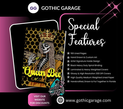 Queen Bee of the Dead Notebook- Hand Drawn– 160 Lined Pages for Daily Tasks and Notes