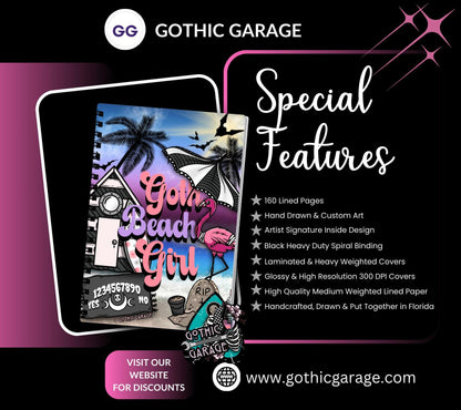Goth Beach Girl Notebook– Hand Drawn Dark Paradise – 160 Lined Pages for Daily Tasks and Notes