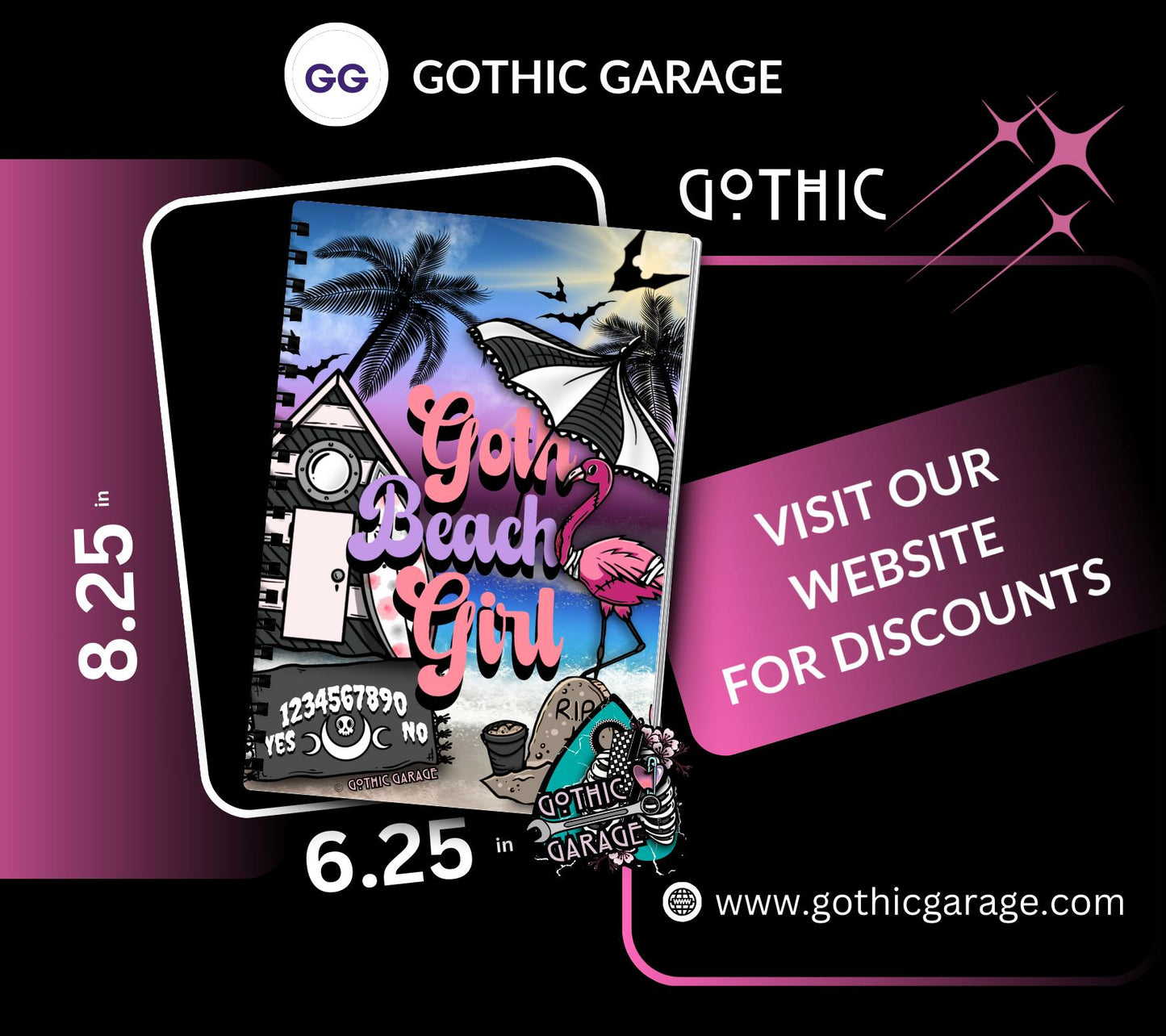 Goth Beach Girl Notebook– Hand Drawn Dark Paradise – 160 Lined Pages for Daily Tasks and Notes