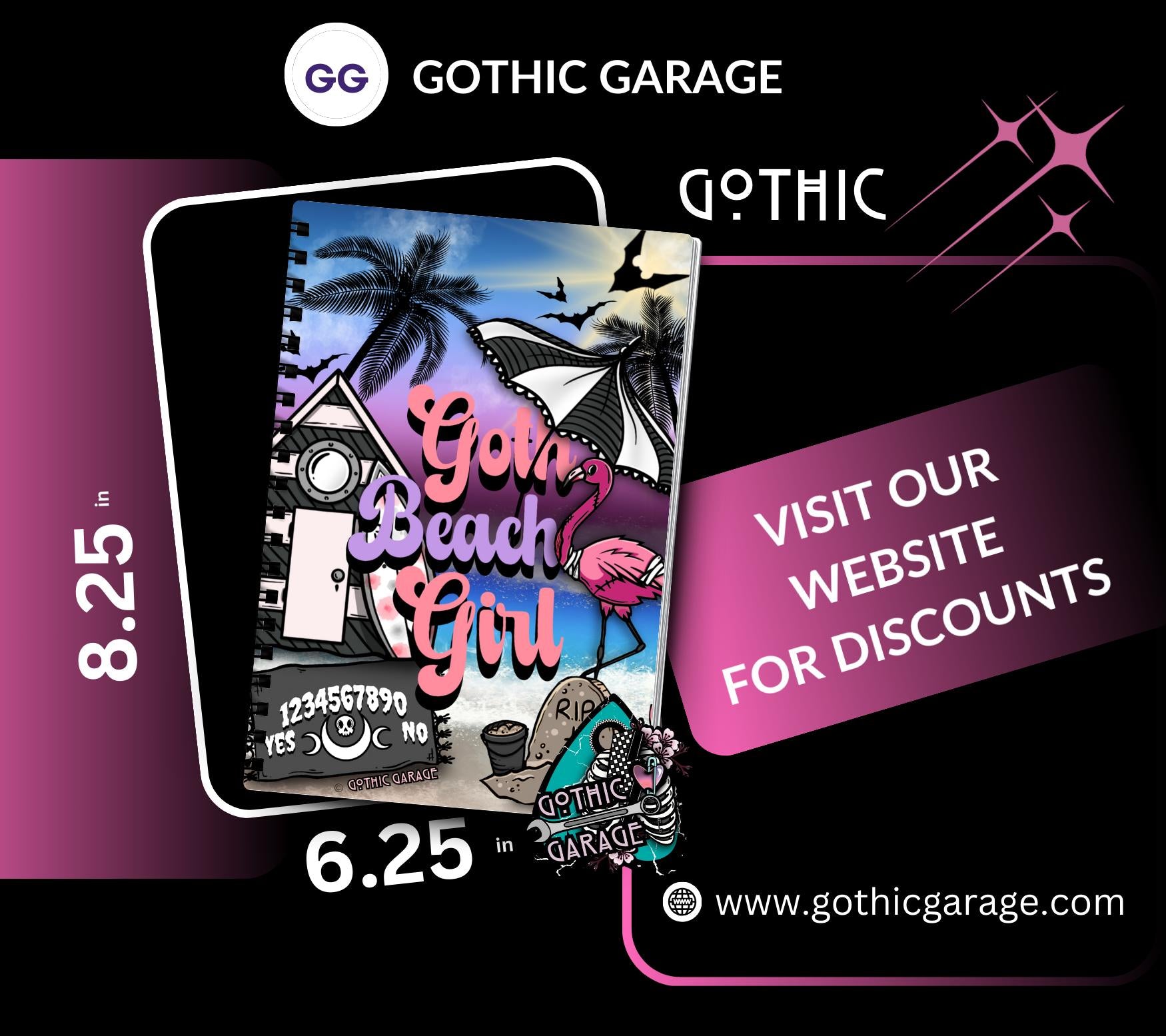 Goth Beach Girl Notebook– Hand Drawn Dark Paradise – 160 Lined Pages for Daily Tasks and Notes