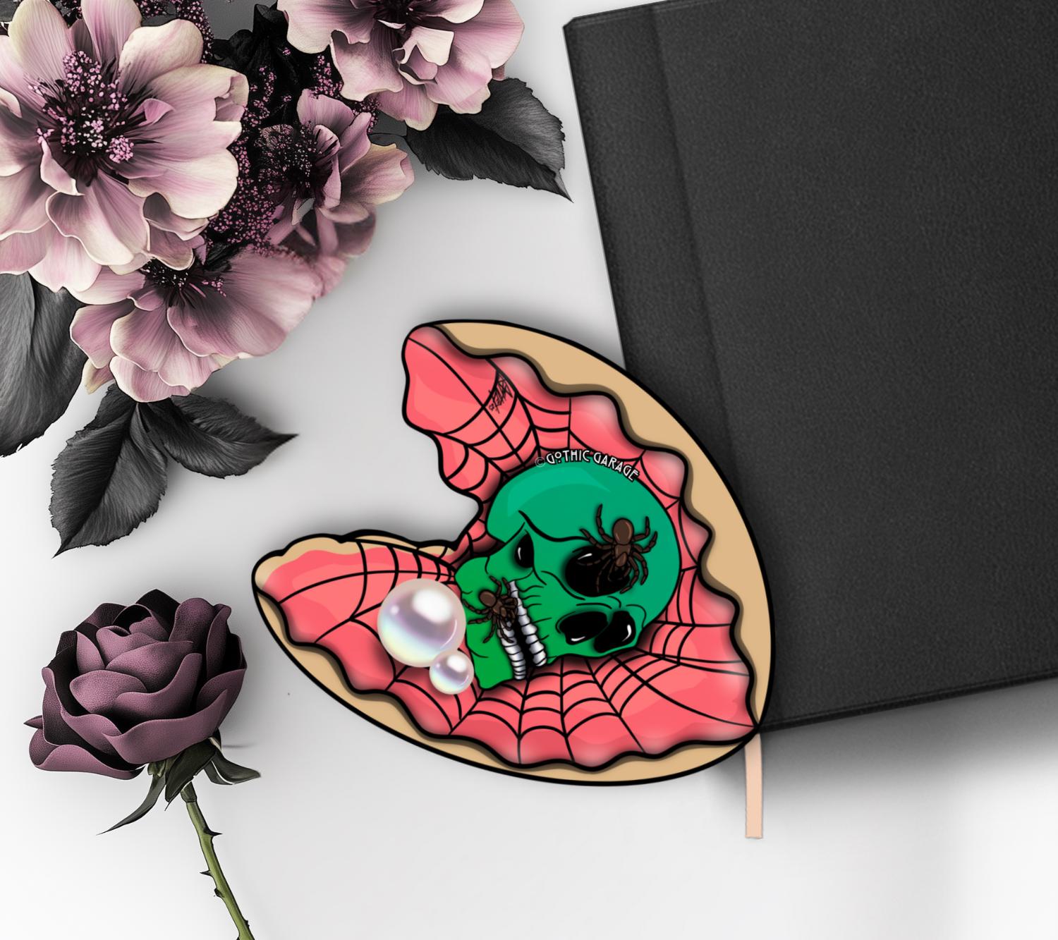 Spider Skull Clamshell Die Cut Waterproof Sticker—A Wicked Twist for Your Ocean Treasure Collections
