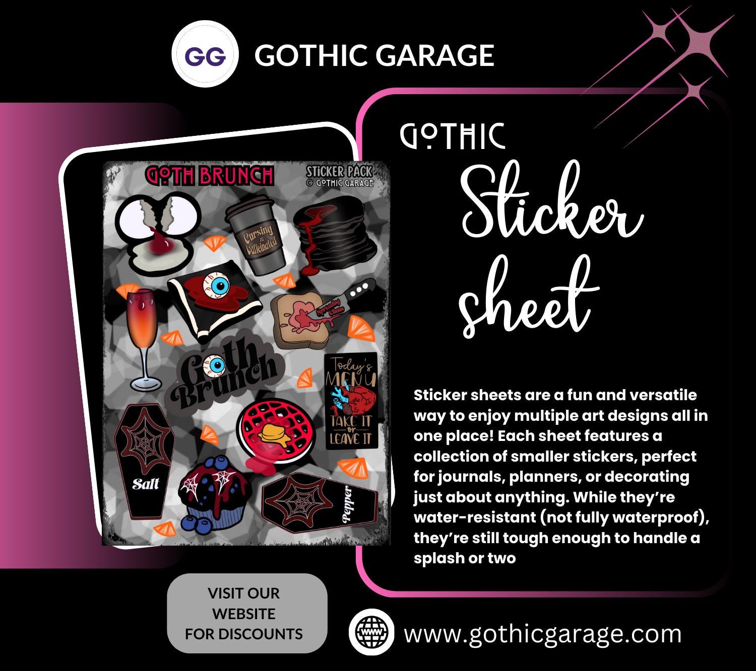 Goth Brunch Sticker Sheet – Caffeine, Chaos & Creepy Cuisine