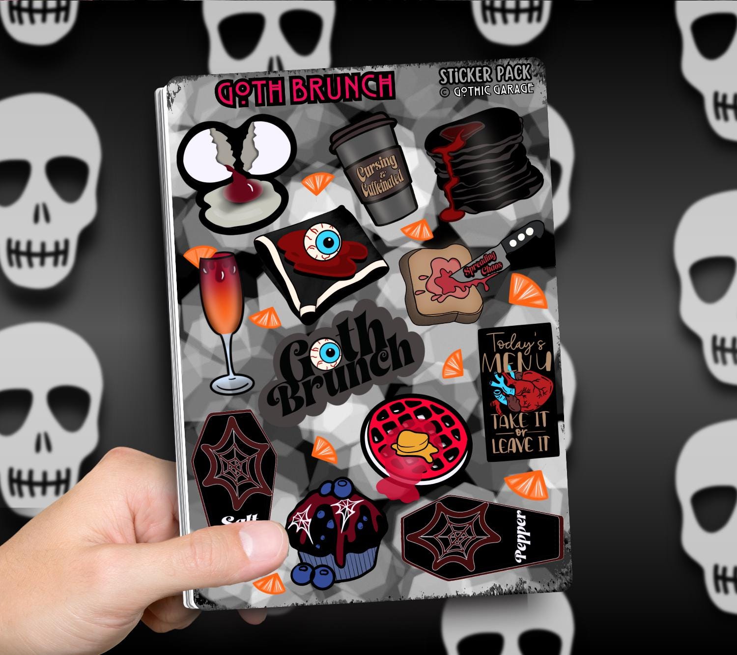 Goth Brunch Sticker Sheet – Caffeine, Chaos & Creepy Cuisine