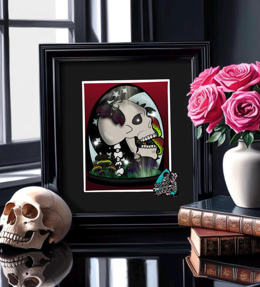 Gothic Skull Terrarium Art Print – Oddities & CuriosityVibes, Perfect Art For Dead Collectors, 11x14 Matted or Frameable 8x10 Design