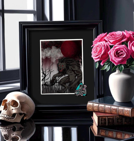Blood Moon Werewolf Art Print – Dark Gothic Fantasy Horror, Spooky Supernatural Art, 11x14 Matted or Frameable 8x10 Design