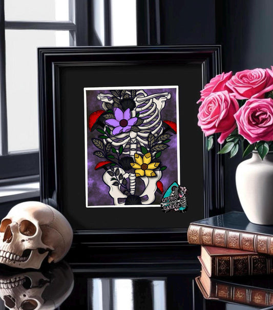 Skeleton Floral Dark Art Print – Gothic Oddities & Curiosity Vibes, Perfect Art For Dead Collectors, 11x14 Matted or Frameable 8x10 Design