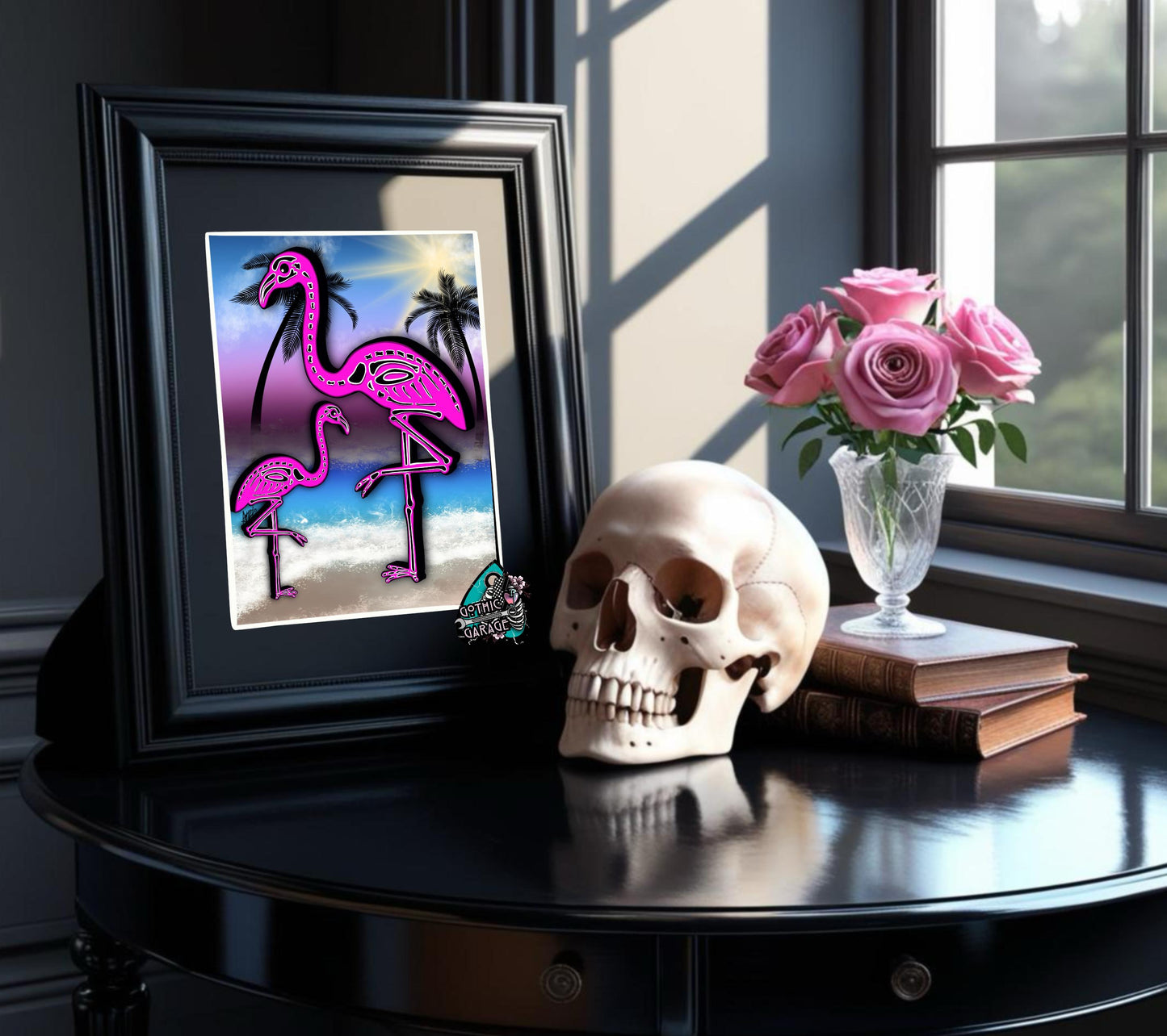 Flamingo Skeletons Art Print – Dark Gothic Ocean Vibes, Spooky Coastal Art, 11x14 Matted or Frameable 8x10 Design