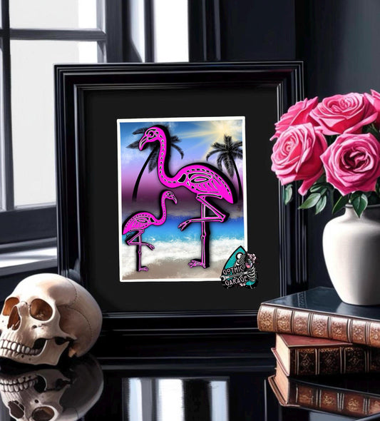 Flamingo Skeletons Art Print – Dark Gothic Ocean Vibes, Spooky Coastal Art, 11x14 Matted or Frameable 8x10 Design