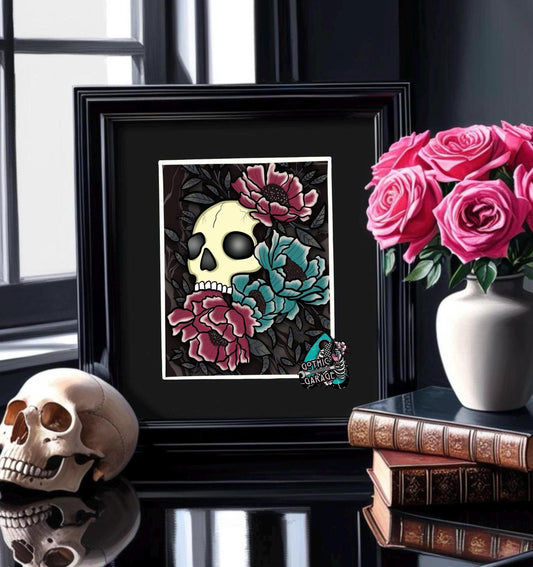 Vintage Floral Skull Matted Art Print – Gothic Elegance Meets Timeless Beauty – 11x14 Matted Goth & Dark Wall Decor