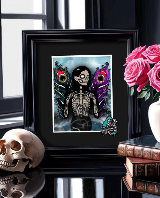 Skeleton Peacock Angel - Matted Art Print– Gothic Ocean Angel of Death, Dark Fantasy Wall Art 11x14 Handcrafted in Florida”
