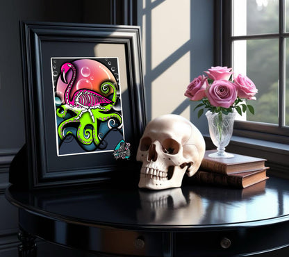 Sunset Flamingo Skeleton Octopus Art Print – Dark Gothic Ocean Vibes with a Surreal Twist, 11x14 Matted or Frameable 8x10 Design