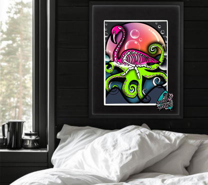 Sunset Flamingo Skeleton Octopus Art Print – Dark Gothic Ocean Vibes with a Surreal Twist, 11x14 Matted or Frameable 8x10 Design