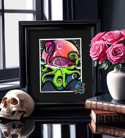 Sunset Flamingo Skeleton Octopus Art Print – Dark Gothic Ocean Vibes with a Surreal Twist, 11x14 Matted or Frameable 8x10 Design