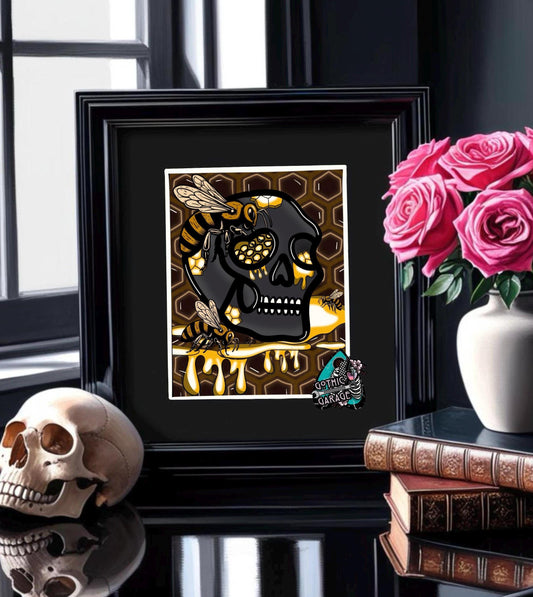 Gothic Skull Honey Hive Art Print – Bees, Nectar & Darkly Sweet Vibes – 11x14 Matted Artwork for Gothic Home Decor