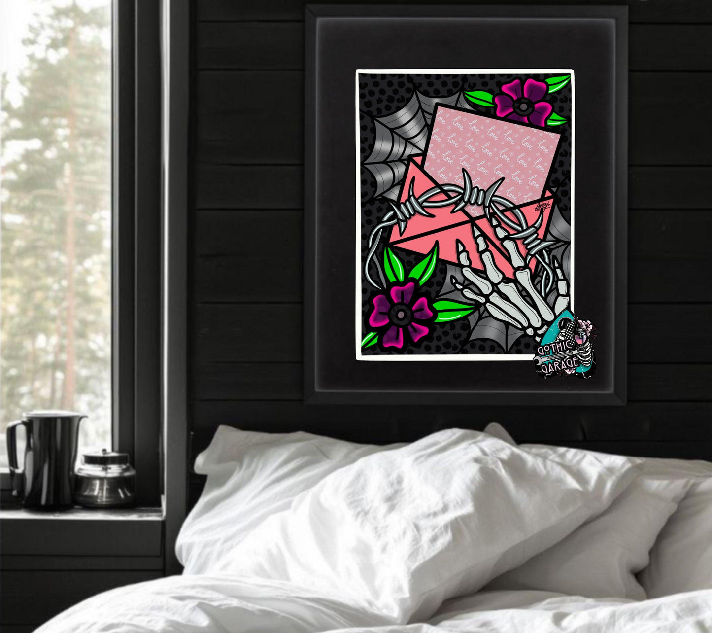 Barb Wire Love Letter Gothic Art Print – Skeleton Hand, Dark Flowers & Spider Webs, 11x14 Matted Valentine’s Day Wall Decor