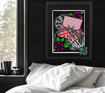 Barb Wire Love Letter Gothic Art Print – Skeleton Hand, Dark Flowers & Spider Webs, 11x14 Matted Valentine’s Day Wall Decor