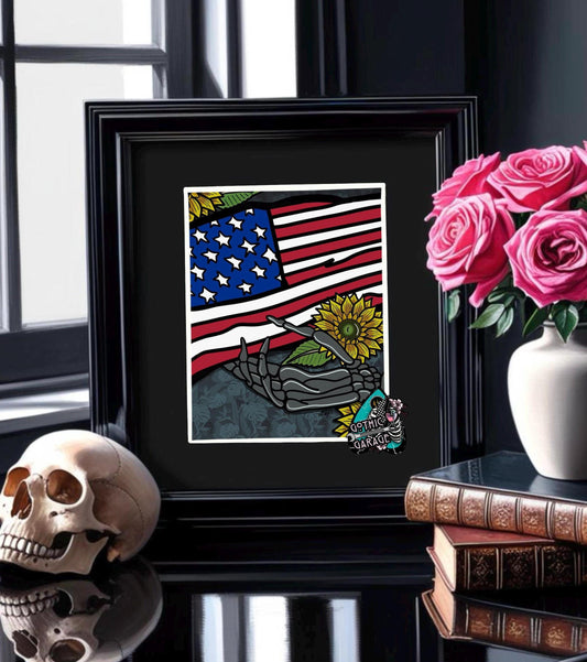 Gothic American Skeleton Art Print – 11x14 Matted, Patriotic Design with Sunflowers, Hand-Drawn & Signed Artwork