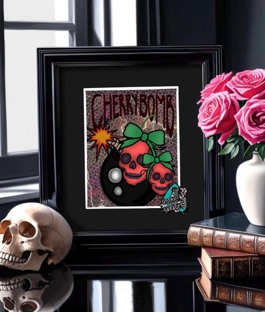 Gothic Skull Cherry Bomb Art Print – 11x14 Matted, Leopard Print & ‘Cherrybomb’ Mantra, Hand-Drawn, Signed Artwork