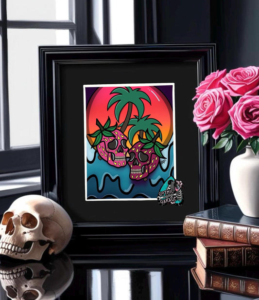 Florida Strawberry Skulls Art Print – Gothic Cute Design, 11x14 Matted, Sunset & Palm Trees, Hand-Drawn, Signed Artwork