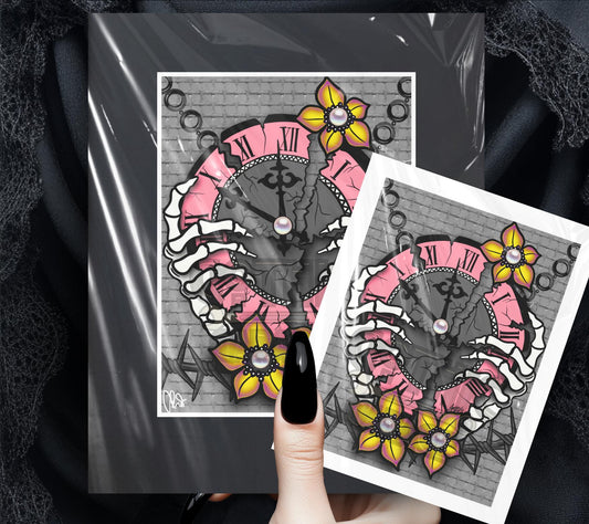 Gothic Skeleton Clock Art Print – Broken Time with Barbed Wire & Pearls