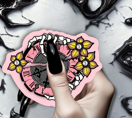 Broken Skeleton Clock Die Cut Waterproof Sticker—Timeless beauty with a gothic twist!