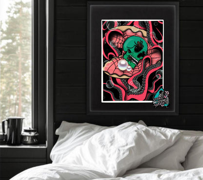 Gothic Sea Skull Art Print – Spider Skull in Shell with Tentacles & Pearls