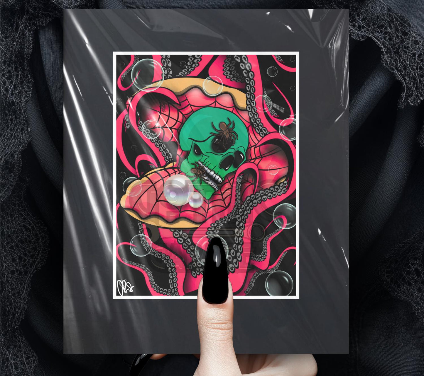 Gothic Sea Skull Art Print – Spider Skull in Shell with Tentacles & Pearls