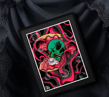 Gothic Sea Skull Art Print – Spider Skull in Shell with Tentacles & Pearls